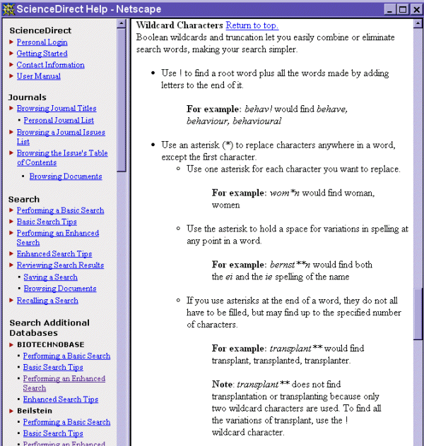 ScienceDirect Help Screen