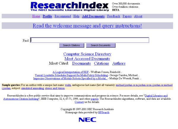 Image of Research Index opening screen